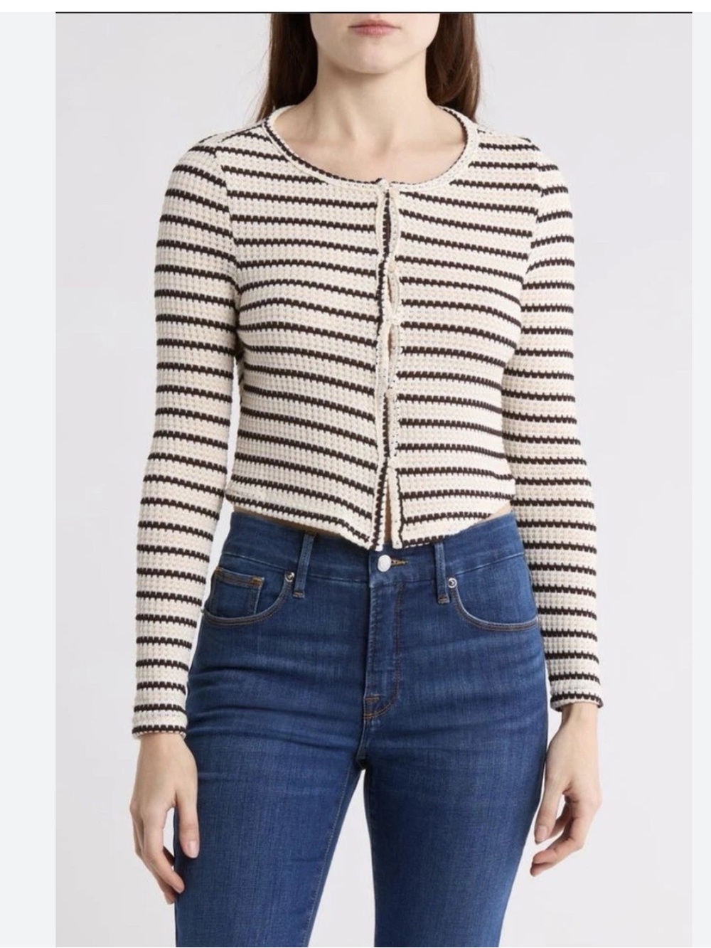 Cotton Emporium Cream and Black Striped Knit Cardigan
